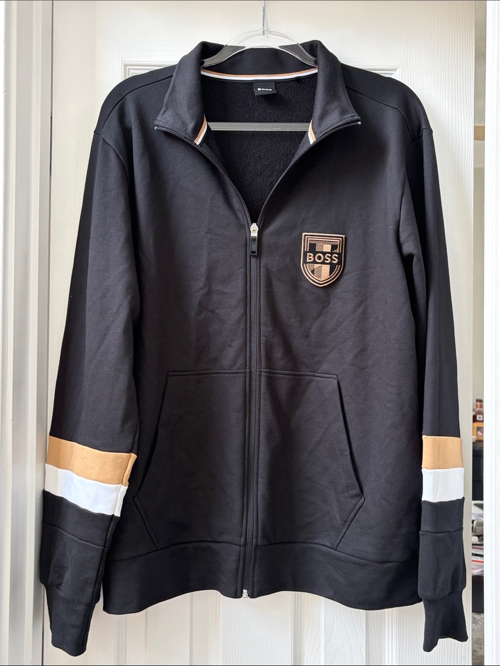 BOSS Black Zip-Up Jacket with Tan & White Stripes